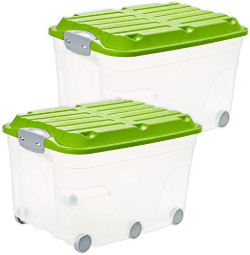Rotho Roller 6 2er-Set Aufbewahrungsbox mit Deckel 57 L stapelbar Grün | Aufbewahrungsboxen, Plastikbox mit Deckel, Stapelboxen, Rollen, Schnappverschluss, transparent/grün, für Keller und Garage