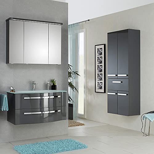 Lomadox Badmöbel Komplettset Quarzgrau lackiert, Waschtischunterschrank mit 92cm Glas-Waschbecken und LED-Spiegelschrank, Hochschrank mit Wäschekörben, montierte Möbel