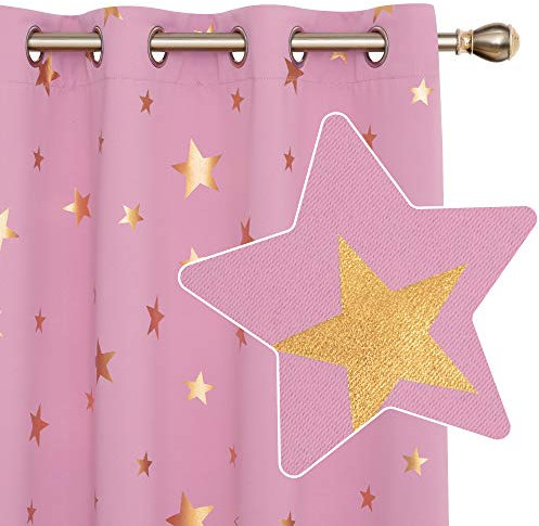 Deconovo Window Treatment Pink, Eyelet Blackout Curtains, Gold Star Foil Printed Curtains for Living Room, 46 x 72 Inch(Width x Length), 2 Panels