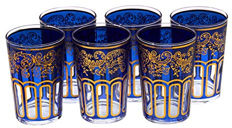 Marokkanische Teegläser mit einem schönen klassischen marokkanischen Design, von Hand bemalt und dekoriert, 6 Stück (blau)