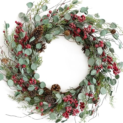 Bibelot 20 Inches Red Berry with Pine Cones Christmas Wreath for Front Door - Artificial Green Leaves Festival Decor, Farmhouse Rustic Winter Home Wall Windows Wreath (Red)