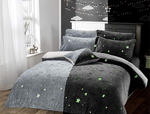 Olivia Rocco Glow In The Dark Teddy Fleece Duvet Cover Sets Soft Warm Kids Bedding Childrens Quilt Covers Set, Stars Grey Single
