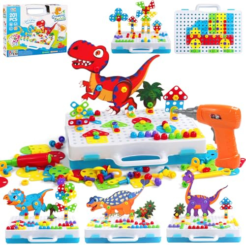 TONZE Steckspiel Spielzeug ab 3 Jahre mit Bohrmaschine 3D Dinosaurier Puzzle Mosaik Montessori Spielzeug Werkzeugkoffer Kinder Geschenke Spiele ab 3 4 5 6 Jahren Junge Mädchen Kinderspiele(201 Stück)