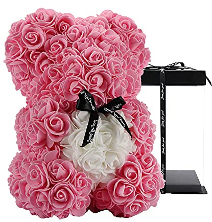 orso rosa - orsacchiotto rosa 10 pollici Hugz Teddy Flower Bear - Oltre 250 dozzine di fiori artificiali - regali unici, regali per le donne Scatola regalo trasparente (pink)