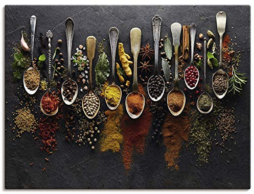 ARTLAND Wanddeko Leinwand Bilder Wandbild 80x60 cm Küchenbilder Gewürze Schiefer Kräuter Chili Essen Bunt U1UJ