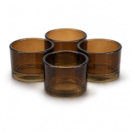 Teelichtgläser 5,1 x 3,3 cm Glas 4er Set - runde Teelichthalter für Teelichter bis 38 mm - Kerzengläser für kleine Kerzen & Votivkerzen bis Ø 4 cm - Braun