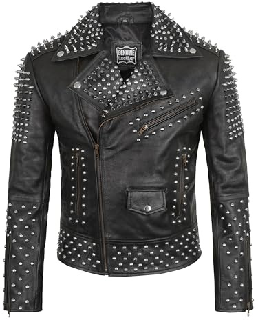 NM-Fashions Studded Leather Jacket Punk Rock - Brando Motorcycle Black Biker Silver Spiked Jacket (X-Large)