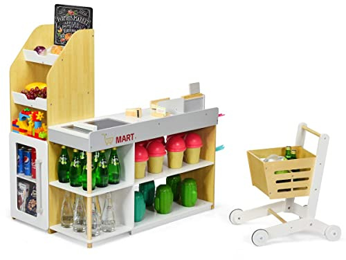 GYMAX Negozio Giocattolo per Bambini, Bancarella Mercato Giocattolo in Legno, con Carrello della Spesa, Supermercato Giocattolo Scanner, Pos, Carta di Credito e Monete di Legno, 90 x 62 x 111 cm