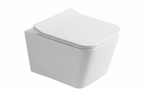 Juego completo de inodoro sin reborde con asiento de cierre suave, elemento de marco, cisterna empotrada frontal, cisterna de cerámica empotrada, juego de inodoro de pared con tazón blanco + placa de