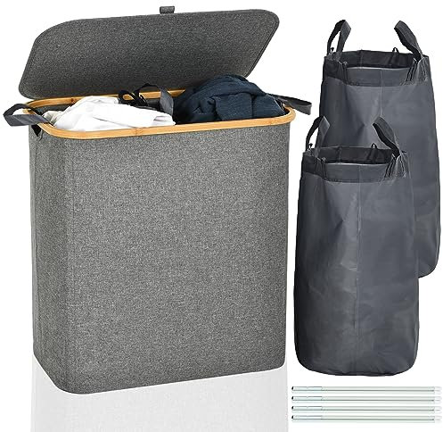 ROSOS Laundry Basket with Lid, 145L Collapsible Laundry Basket 2 Compartments with Removable Laundry Bags, Waterproof Laundry Hamper with Lid, Dirty Clothes Washing Baskets for Laundry, Grey