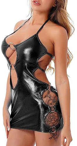 VicSec Minigonna Sexy da Donna Abiti Aderenti in Pelle Verniciata Club Abito Aderente con Scollo a V Profondo Pigiami da Notte Abito Senza Maniche Lingerie Nero Taglie Forti (L-XL)