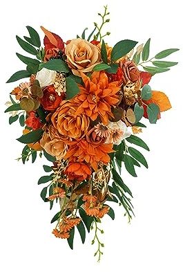 Ansofi 11 Burnt Orange Wedding Bouquets for Bride Rustic Boho Cascading Bridal Bouquet Flowers for Fall Vintage Wedding Party Ceremony Decor
