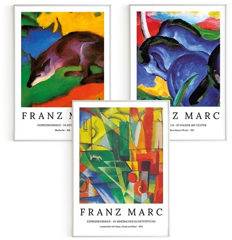 Bilder-Set: 3 x DIN A5 (15x21) Premium Posterpapier - Franz Marc, Blaufuchs; Landschaft mit Haus; blaue Pferde, Kunstdruck ohne Rahmen, Wandbild, Bilderwand - A4, A3, A2, A1, A0, XXL - Wohnzimmer, ..