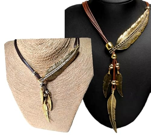WORLD GOBLINS Collar Estilo Bohemio para Mujer con Patrón de Hoja y Pluma. Joyería Fina. Collares llamativos | Colgante Étnico Hecho a Mano en España. Regalo Original (CUERO MARRÓN)