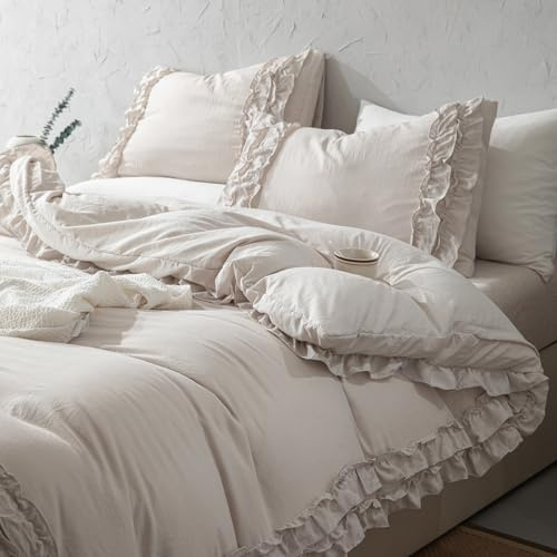 Herside Beige grått påslakanset kung volang sängkläder chic 2-lager söt veckad design boho bondgård sängkläder set 1 påslakan 2 örngott (beige, kung)