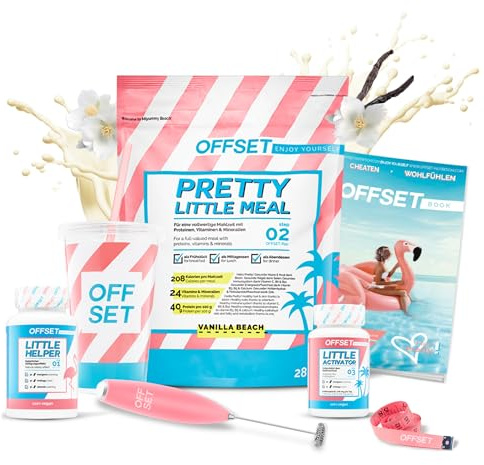 OFFSET Nutrition Abnehm Set Vanilla Mix [FÜR 14 TAGE] - inkl. ERNÄHRUNGSPLAN | Nur 250 KCAL pro Mahlzeit | Mit Abnehm Shake, Handmixer & Sättigungskapseln | Diät Shake Set | Mahlzeitersatz