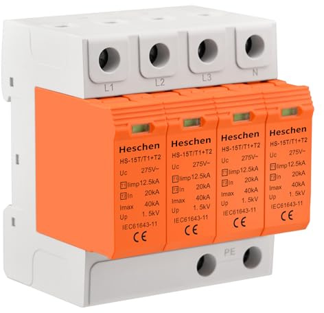 Heschen Überspannungsschutzgerät SPD, HS-15T Kombiableiter Typ T1+T2, 4-Polig 275V AC, 40kA Blitzstromableiter, Drehstromnetz, feuerfest, 35mm DIN-Schienenmontage, CE
