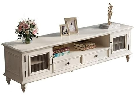 TV-Schrank TV-Ständer aus Eschenholz mit Schublade, offenen Regalen und 2 Schließfächern, langlebiges Entertainment-Center, TV-Konsolenschrank im amerikanischen Stil for Wohnzimmer, Schlafzimmer, Weiß