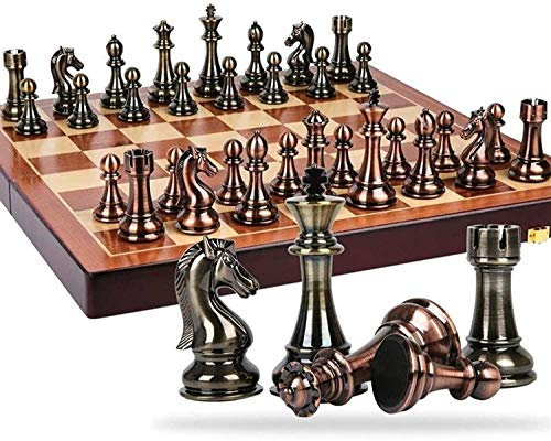 DDNGEJ Tragbares Schach-Set, Brett-Set, Spiel, Metall, Bronze und Messing, massives Holz, Klappbrett, hochwertiges professionelles Spiele-Set