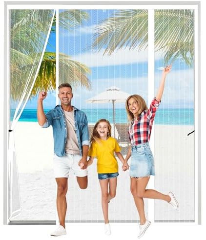 AXFZZRS Magnetic Fly Screen Door, White Double Door Screen Curtain for Sliding Door, Anti Mosquito Mesh Fly Curtain, Heavy Duty Bug Mesh Curtain, Install Without Drilling, Lets Fresh Air in, 150x200cm
