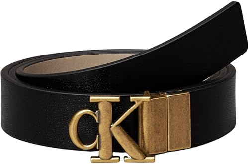 Calvin Klein Damen Gürtel Monogram Plaque Buckle 2,5 cm Wendbar, Mehrfarbig (Na Black/Crockery/Tumbled Gold), 85 cm