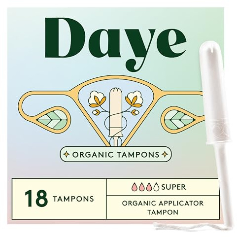Daye Organic Tampons Super | 18ct | Pesticide & Metal Tested, 100% Organic Cotton for Heavy Flow | No-Shed Sleeve, Sugarcane Applicator