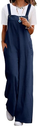 YESNO Women's Casual Corduroy Overalls Adjustable Straps Baggy Pants Wide Leg Jumpsuits with Pockets L PC2UK Navy Blue