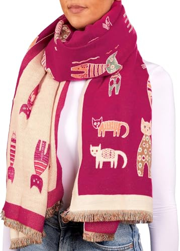 BRUBAKER Cashmirillo Bufanda de Mujer con Estampado de Gatos - 70 x 200 cm - Cálida y Acogedora - Bufanda de Lana para Otoño e Invierno - Tacto Suave de Cachemira - Pink y Beis