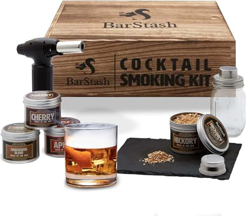 BarStash - Whiskey Smoker Kit with Torch, Cocktail Smoker Kit with Burnt Wood Box, Birthday Gifts for Men, Bourbon Whiskey Gift for Men, Old Fashioned Smoker Kit, Drink Smoker Infuser Kit