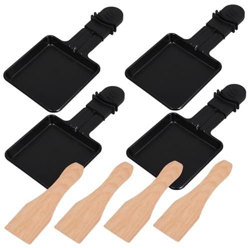 COLLBATH Mini Cheese Melting Pan Set with Nonstick Metal Tray and Wooden Spatulas, Portable Raclette Grill Accessory for Kitchen and Outdoor Use, 4 Small Pans with Handles, 4pcs Cheese Bakeware Kit
