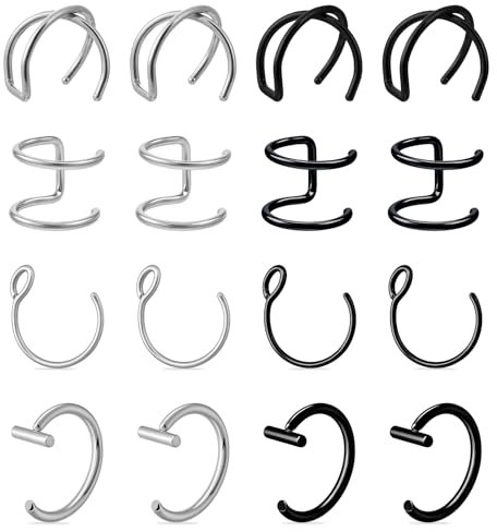 Psyqtsuary 16 Stück Fake Nasenpiercing, Edelstahl Fake Lippenpiercing Ring 8mm Fake Nasen Piercing Gothic Septum Piercing für Männer Frauen (Silber, Schwarz)