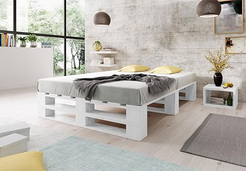 Lermowood Palettenbett M2 aus Holz 180 x 200 cm Weiß mit Lattenrost Holzbett 30cm Stabiles Seniorenbett Kinderbett Jugendbett Gästebett erhöhtes Einzelbett Bettgestell Futonbett Komforthöhe