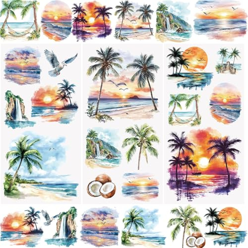 WANDIC 3 Bogen Rub on Transfer Stickers, Sommerstrand Aufkleber Wand mit Am Meer Muster, Wasserdicht, Handarbeiten, Möbel, DIY Kunsthandwerk, Dekorieren für Fotoalbum und Scrapbook, 15 x 30 cm