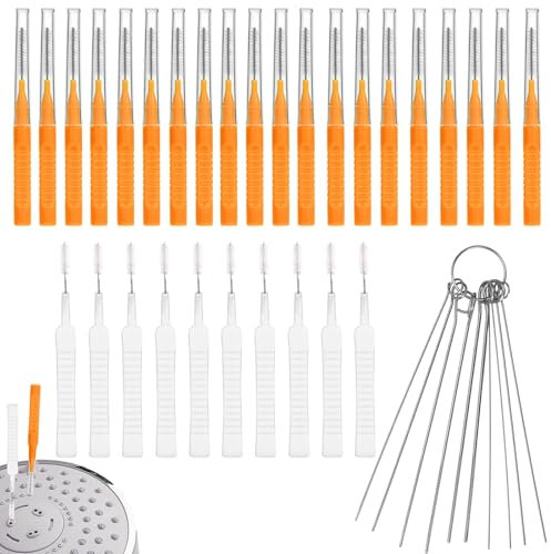 40uds Cepillo de Limpieza Cabezal de Ducha Set, 2 Diseños Cepillo para Orificios Varios Tamaños Cepillo Limpieza Pequeño Antiobstrucciones para Boquilla para Baño Orificio Pequeño (Naranja)