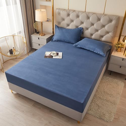 Coprimaterasso impermeabile con cerniera, 150 x 200 cm, colore blu scuro, antiacaro e anallergico, per letto matrimoniale, profondità 15 cm
