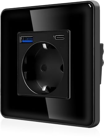 CNBINGO Einzelsteckdose mit UBS AC, Curved Glasrahmen, 1-Fach Schwarz | Einfach Schuko Steckdose mit 2.1A USB, TypC und USB-A, Wandsteckdose Unterputz mit Kindersicherung 2,5D Curved Glas