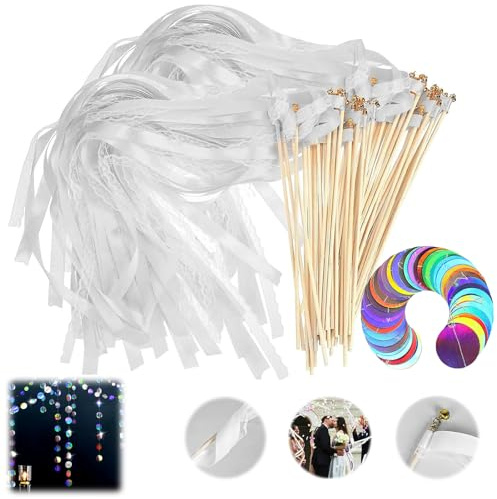 35 Stück Weiß Wedding Wands, Hochzeit Luftschlangen und 2 Meter langer bunter Scheiben-Dekoanhänger, Wiederverwendbar Glücksstab Kein Grat für Hochzeiten Geburtstage Partys Feiertagsfeiern Verwendet