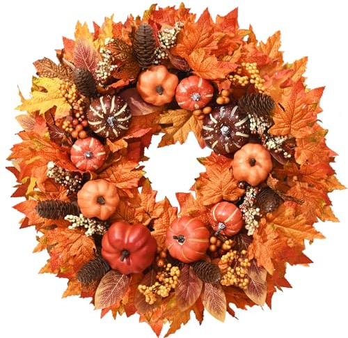 Alishomtll Autumn Wreath for Front Door, 50cm Fall Wreath with Artificial Maple Leaf Pumpkins and Berries, Halloween Thanksgiving Festival Wreaths Decorations Hanging Indoor Outdoor