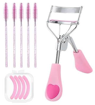 Benixmidart Piegaciglia, piegaciglia con bonus 4 cuscinetti di ricambio e 5 bobine di ciglia, kit piegaciglia portatile da viaggio per extension ciglia (rosa cuore)