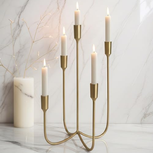 Yielycan Candelabra for 5 Taper Candles – Hand-Forged Candle Holder with Elegant Vintage Finish – Decorative Centerpiece for Dining Room, Living Room or Mantel Decor（Brass Color-Straight）