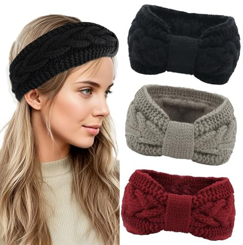 AMCAMI Winter Headbands for Women 3 Pack, Fuzzy Ear Warmer Headbands for Women,Fleece Lined Knitted Headband, Warm Winter Accessories Gifts