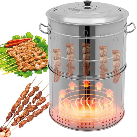 Barbecue a carbonella, portatile, senza fumo, con 50 spiedini, barile in acciaio inox, 360°, affumicatore per barbecue e viaggi