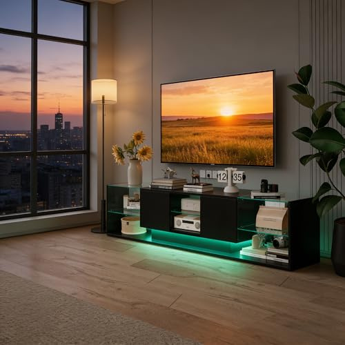 Meuble TV élégant avec LED, Meuble Bas Moderne laqué, avec Structure Flottante, 2 tiroirs spacieux et étagères en Verre sécurisées, Polyvalent pour Salon et Chambre, 200 x 35 x 45 cm (Nori)
