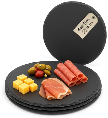 Schieferplatten rund 28 cm Set aus 4 Servierplatten aus Schiefer für Käseplatte Tapasplatte Deko & HLKauf-Block