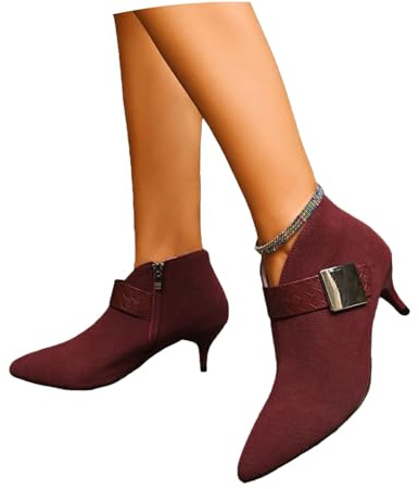 Damkorta Stövlar Med Hög Klack,Spetsiga Ankelboots Mockastövlar Med Metallspänne Sexiga Höga Klackar Bekväma Eleganta Ankelskor(Red,35 EU)