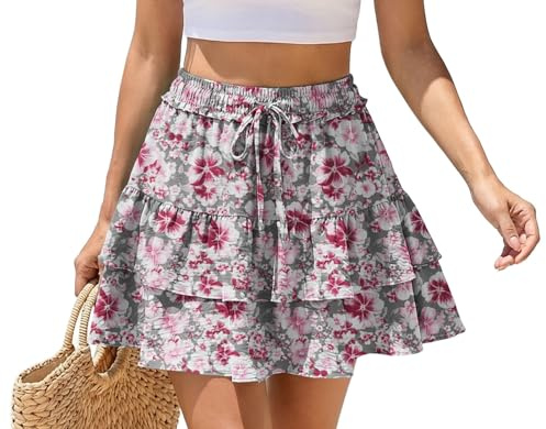 PrinStory Minikjol för damer, lätt luftig sommarkjol, Skort, A-linje kjolar, volangkjol, kort med shorts, L