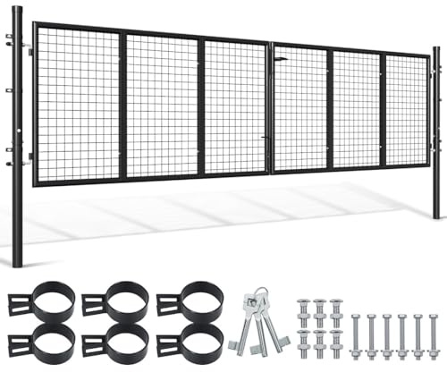 Puerta de jardín de metal, doble hoja, 350 x 100 cm, tubo redondo Breittor, Premium, para entrada o almacén, para esteras de varilla (antracita).