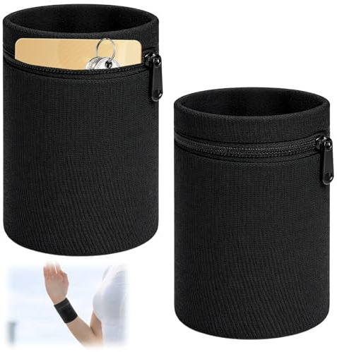 LgCiXli 2er Set Profi Schweißband mit Reißverschlusstasche Skipasshalter | Multifunktionale Handgelenktasche für Running & Fitness | Kompressions-Gelenkschutz & Wertsachen-Safe | 8x9cm