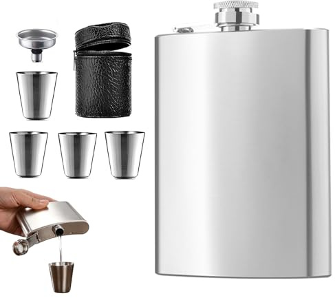 Flachmann Edelstahl 8Oz mit Trichter und 4 kleine Tassen(Silberfarben) | Edelstahl Flachmann, Geeignet zum Tragen von Alkohol, Taschen-Flachmann für Wandern und Party