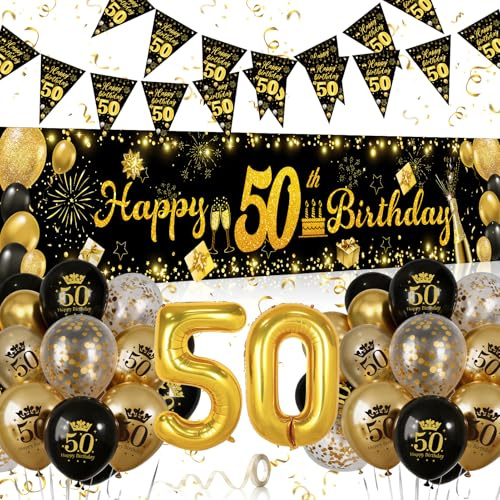 Globos 50 Cumpleaños Negro Dorado para Hombres Mujeres